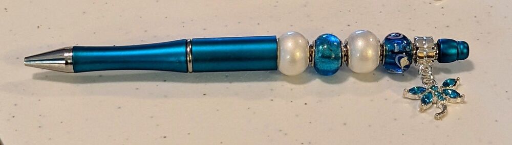 Beaded Pen - Blue, White with Dangle, Beaded, Gift Idea, NEW
